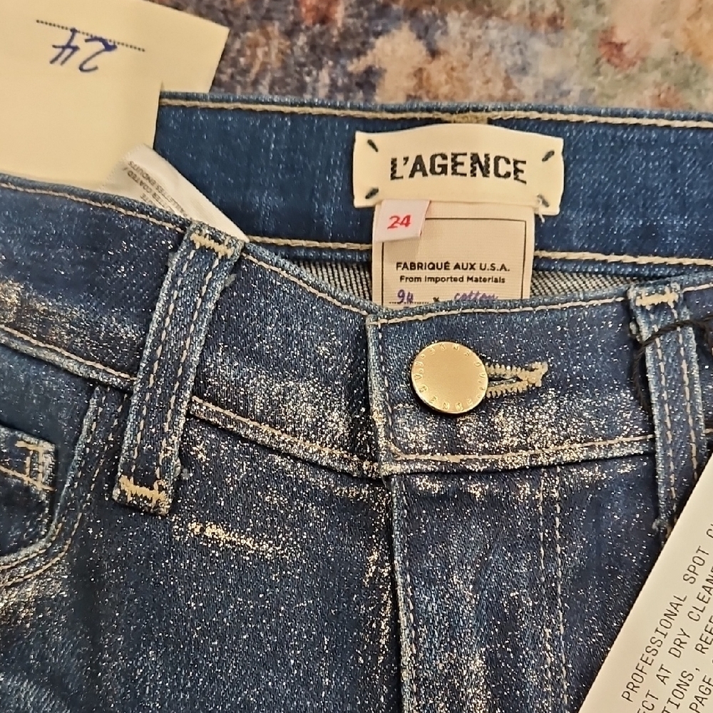 L'AGENCE Blue Denim Jeans with Gold Button